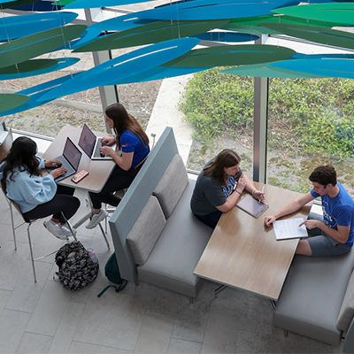 arial shot of students working at tables